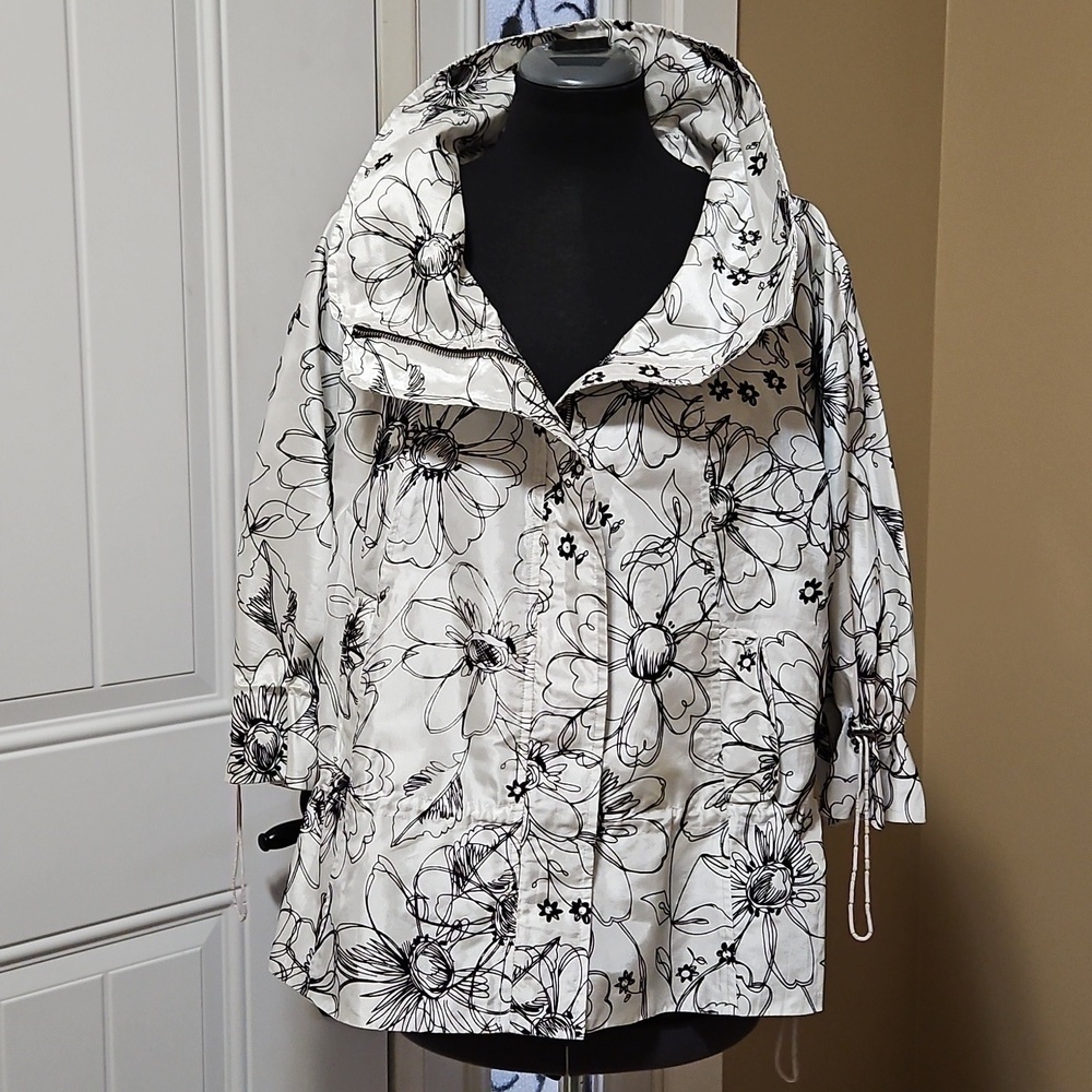 Elena Wang Black White Floral Sketch Lightweight Jacket Size Large